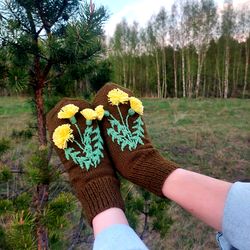Olive mittens with dandelions, Women's winter fluffy mittens, Knitted mittens with  ornament