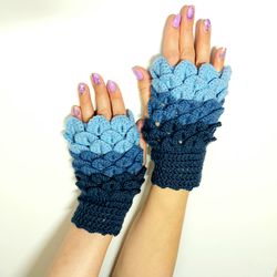 Blue scaly mitts, Women's winter fluffy mittens, Knitted mittens with  ornament