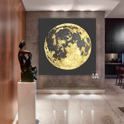 Moon Painting Planet Art on Canvas Original Painting Texture Modern Wall Art Gild Wall Decor Gold Leaf Painting Black