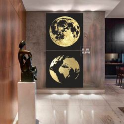 planet painting diptych original art moon painting earth painting gold leaf art premium interior art gold wall art
