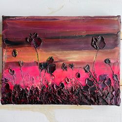 Poppies painting Sunset Original oil painting Small Palette knife Texture Pink Gold