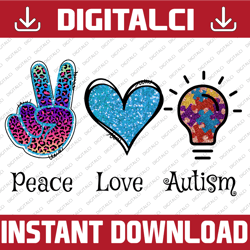 "Peace Love Autism Png, Autism Awareness PNG, Autism Heart Png,Autism Awareness Day PNG,Autism Puzzle Light png,Sublimat