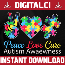Autism Awareness Peace Love Cure Puzzle Piece PNG for sublimation, Autism Awareness, SVG, Cricut,  waterslide,