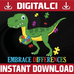 Embrace Differences SVG - Dinosaur Autism Puzzle SVG - Dino Disability Autism SVG - Rainbow Heart Equality PNG -T-Rex