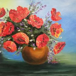 red flowers painting original art oil painting poppy painting artwork colorful painting flowers