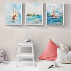 White Blue Sailboat Set of 3 Wall Art  - digital file that you will download