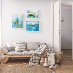 Green Blue Sailboat Set of 3 Wall Art - digital file that you will download