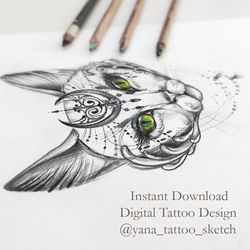 Cat Tattoo Designs Cat Tattoo Sketch Females Cat and Moon Tattoo Designs For Ladies, Instant download PDF and JPG files