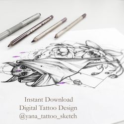 Bat Tattoo Design For Females Bat Tattoo Sketch For Woman Bat And Flowers Tattoo Design, Instant download PDF and JPG