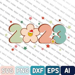 Retro 2023 Svg, Floral New Year Svg, Smile Face 2023 Svg, Christmas svg Design, Groovy Noel, Vintage Xmas Clipart Flower