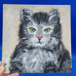 Cat Portrait Pets Painting Animal World Art Small Acrylic Wall Painting Original Artwork Ukrainian Artist