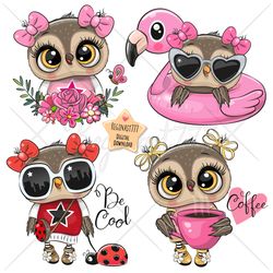 cute cartoon owls png, clipart, sublimation design, set, digital clip art