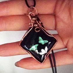 Butterfly pendant painted stone. Necklace with black stone and white butterflies for mommy.Wire Pendant