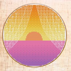 sea sunset cross stitch pattern modern cross stitch sun window cross stitch seaside embroidery hoop art