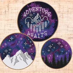 Set Adventure cross stitch pattern Mountains cross stitch Galaxy embroidery Forest cross stitch PDF