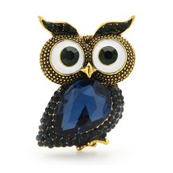 Owl brooch, Statement bird jewelry, Blue and Red