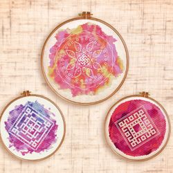 Set mandala cross stitch pattern PDF Modern watercolor cross stitch Boho embroidery Geometric cross stitch