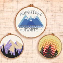 Set Mountain cross stitch pattern Adventure cross stitch Geometric mountain Modern embroidery Mountain nursery Woodland
