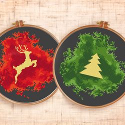 Set of 2 Christmas ornament cross stitch pattern Modern Christmas tree xstitch Deer cross stitch PDF