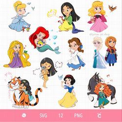 12 SVG Princess BUNDLE, Little Princess with pets clipart, Baby Princess svg, Frozen, Tangled Princess, Baby Mermaid svg