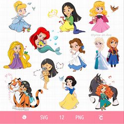 12 svg princess bundle, little princess with pets clipart, baby princess svg, frozen, tangled princess, baby mermaid svg