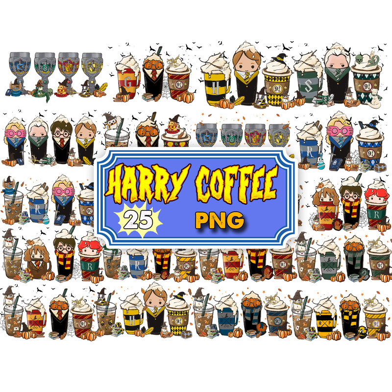 25 Harry Fall Coffee Png Bundle, Halloween Coffee Latte Bundle,Fall Coffee Png Bundle, Hand Drawn, Digital Download.jpg