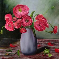 Still life with poppies picture bouquet of red flowers painting Flower picture 19*19 inches red poppies art