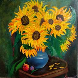 Yellow sunflower painting vase with flowers Picture 23*23 inches still life with sunflower painting