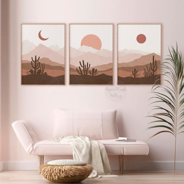 boho desert landscape, printable wall art set of 3, boho mid century wall decor bundle 2.jpg