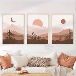 Boho Abstract Prints Set, Cactus Landscape Wall Art Set of 3, Mid Century Wall Decor, Earth Tones Art Prints Download
