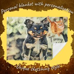 Personalized Blanket Pets Individual Blanket with a unique pattern in the Sketching style Personalization of the blanket