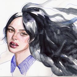 original watercolor beautiful brunette woman girl portrait wall art woman art female painting feminine art