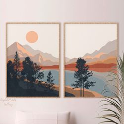 Boho Landscape Prints Set of 2, Minimalist Mid Century Modern Wall Art Bedroom Wall Decor, Nature Abstract Mountains Art