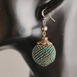 Green earrings balls with pearls earrings beaded earrings dangling drop earrings