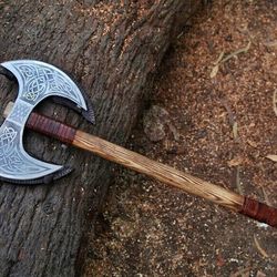 double headed viking axe, custom hand forged carbon steel axe, ash wood, rose wood shaft, handmade viking axe, best gift