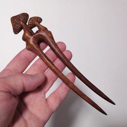 Carved wooden hair fork with mushrooms. Wooden hairpin with two teeth.