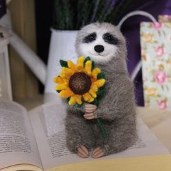 Needle felted sloth, Sloth with sunflower figurine