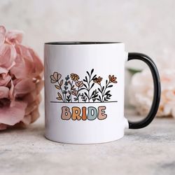 bride mug date wildflowers, gift for bride, bridal party gift, wedding gift, bridesmaid gift, bachelorette groovy retro