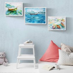 Boats Colorful Set 3 Wall Art  Set of 3 Wall Art - digital file that you will download