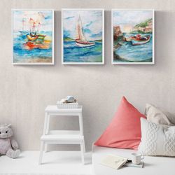 Colorful Nautical Set of 3 Wall Art  - digital file that you will download