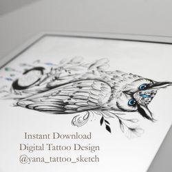 Owl Tattoo Design For Ladies Owl And Flower Tattoo Designs Owl Tattoo Sketch Enso Tattoo Ideas, Instant download
