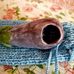 Ceramic pipe eggplant with knitted bag. Smoking Pipe Tobacco
