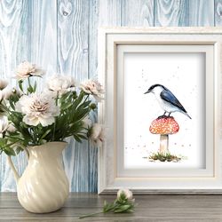 Bird on a mushroom Painting Watercolor Wall Decor 8"x11" home art birds watercolor painting by Anne Gorywine