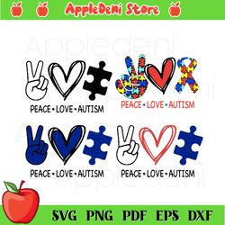 peace love autism bundle svg, autism svg, say hi hand svg, heart svg, colored puzzle svg, autism ribbon svg, autism awar