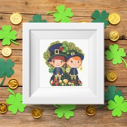 Couple of leprechaun children in spring garden with shamrocks St Patrick's day cross stitch printable A4 PDF pattern