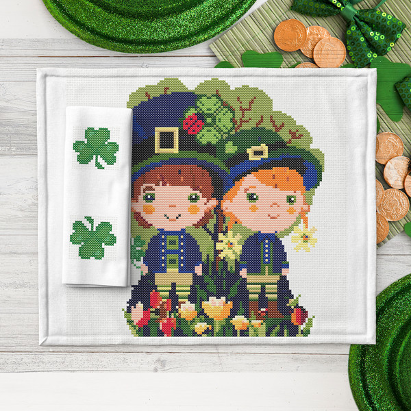 4 Couple of leprechaun children in spring garden with tulips and shamrock St Patrick day cross stitch digital printable A4 PDF pattern for home decor and gift.j