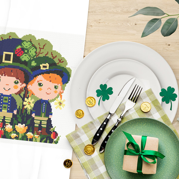 5 Couple of leprechaun children in spring garden with tulips and shamrock St Patrick day cross stitch digital printable A4 PDF pattern for home decor and gift.j
