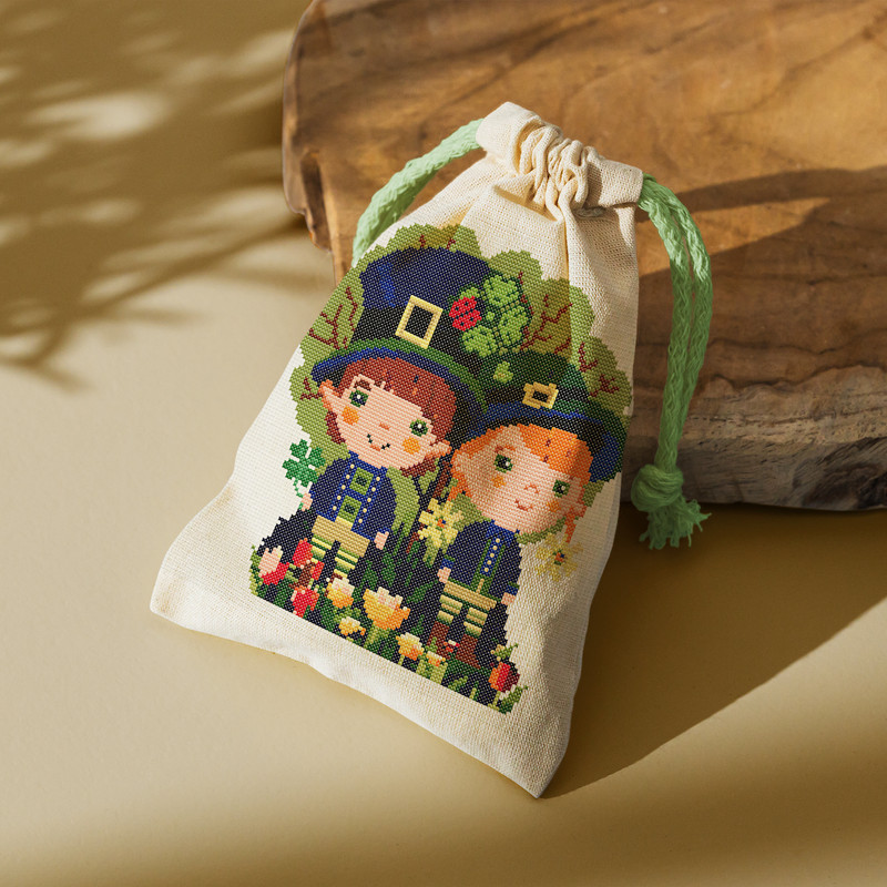 6 Couple of leprechaun children in spring garden with tulips and shamrock St Patrick day cross stitch digital printable A4 PDF pattern for home decor and gift.j