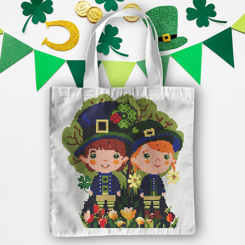 7 Couple of leprechaun children in spring garden with tulips and shamrock St Patrick day cross stitch digital printable A4 PDF pattern for home decor and gift.j