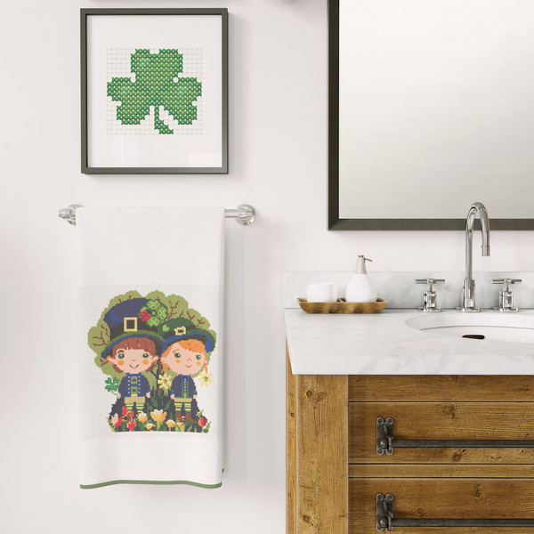 8 Couple of leprechaun children in spring garden with tulips and shamrock St Patrick day cross stitch digital printable A4 PDF pattern for home decor and gift.j